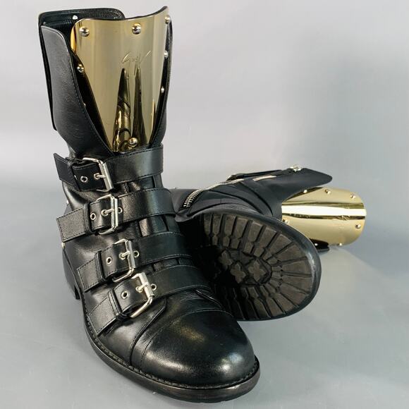 GIUSEPPE ZANOTTI Size 7 Black Gold Leather Metal Buckles Lace-Up Zipper Boots main image 6